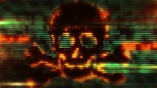 Orange and Green Binary Code Forming a Skull Shape Representing Cyber Crime
