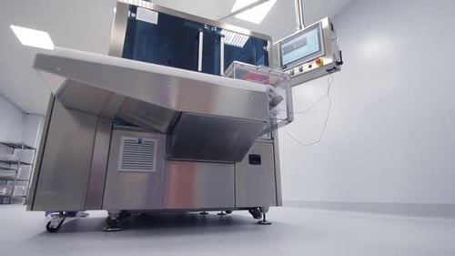 Factory Operator Control Pharmacy Production Machine. Pharmaceutical Workers Working with Pharmaceut