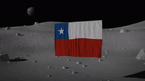 Chilean Flag Waving on Lunar Surface with Distant Earth