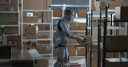 Robot Places Box on Shelf in Warehouse