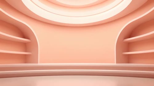 A Modern 3D Studio Space Animation with Curved Shelves and Central Wall