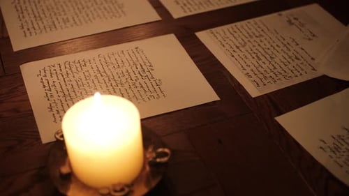 Writer Woman in Night Shirt Writing Poem in a Dark Room with a Candle Light