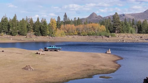 Vintage Truck by Mountain Lake Autumn Trees and Pine Forest