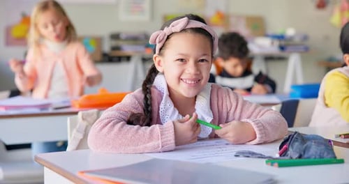 Smiling Young Student Learning in a Classroom