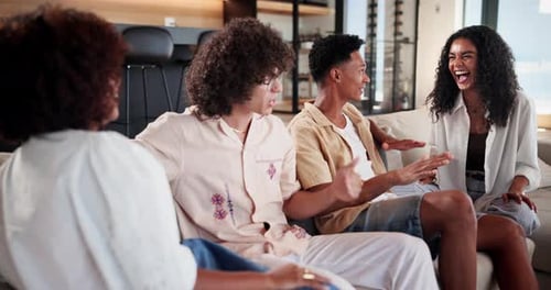 Conversation, laughing and reunion with friends on sofa in coffee shop for advice or catchup