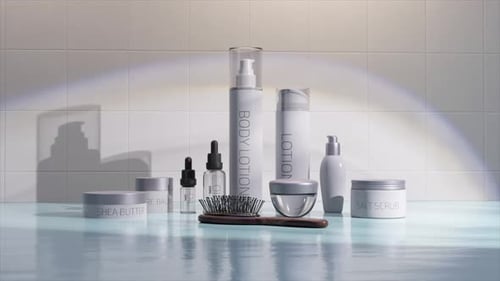 Elegant 3D Animation of Skincare Products with Clean Reflective Surfaces and Calming Hues