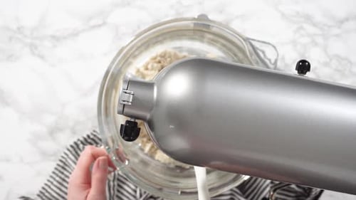 Flat Lay Step By Step Mixing Ingredients in Kitchen Mixer to Bake Homemade Brioche Buns