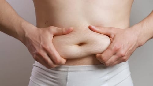 Men's Hands Touch Pinch and Squeeze Belly Fat Obesity and Overeating