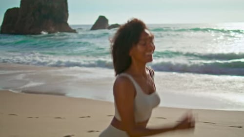 African Woman Running Sandy Beach Summer Day
