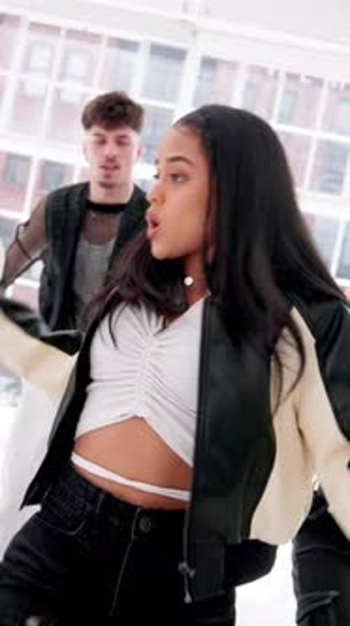 People, energy or movement in studio for dance, attitude or rehearsal for performance