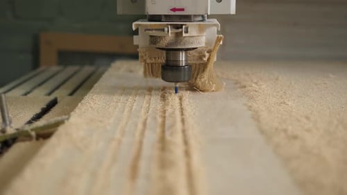Closeup of a Powerful Wood Carver Working with Plywood in a Carpentry Workshop