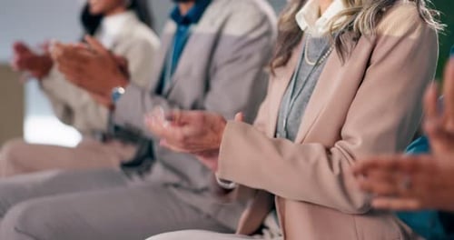 Clapping, people and conference for business, success and closeup of employees in event