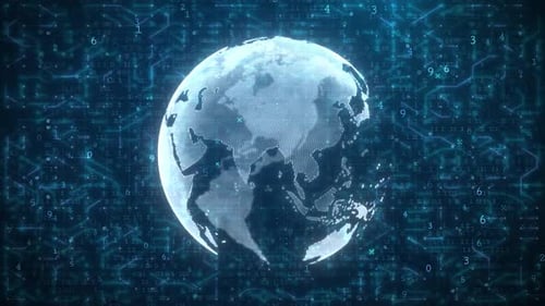 Futuristic Rotating Digital Earth with Global Data Network Background