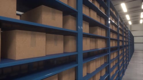 Retail warehouse full of shelves with goods in cardboard boxes. Logistics and Distribution concept