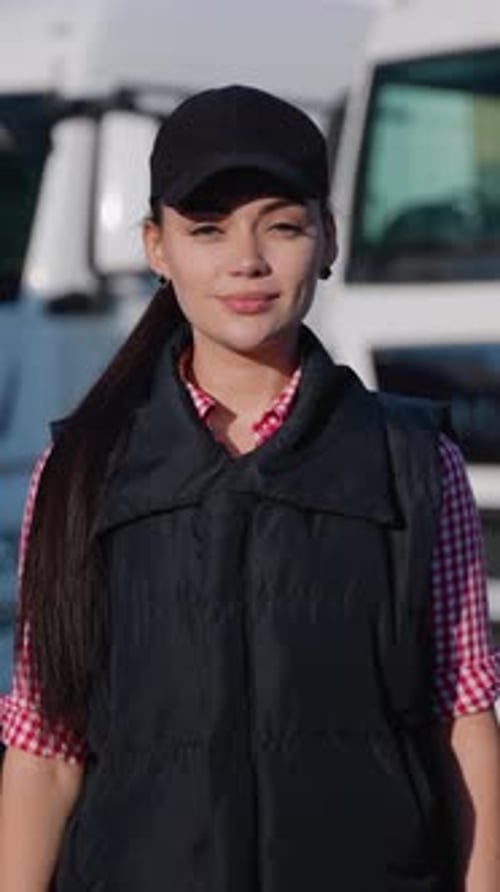 Female Truck Driver in Cap Near Trucks Outdoors