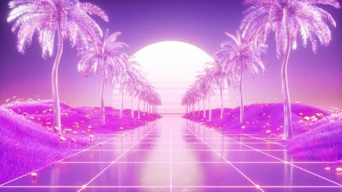 Synthwave Backdrop Of Palm Trees And Road