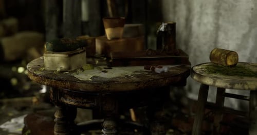 Dusty Table in an Abandoned Room with Remnants of Forgotten Items