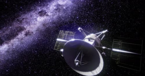Futuristic Satellite Orbiting in Space with Galaxy Background