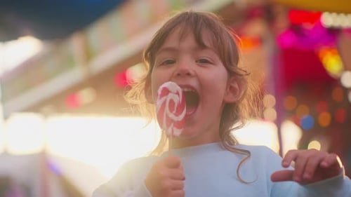 Happy Girl Enjoys Lollipop at Amusement Park