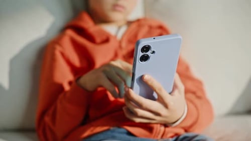 Boy on Couch Uses Phone in Bright Sunlight