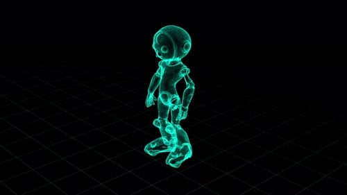 Robot de estructura alámbrica 3D caminando en un mundo de cuadrícula virtual