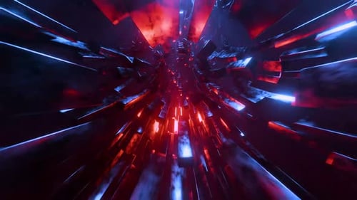 Abstract dynamic tunnel animation with striking blue and red lights