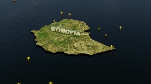 Ethiopia 3D Map Animation with Location Pins on Digital Grid