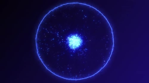 Abstract blue luminous energy sphere of particles field and waves of magical glowing background