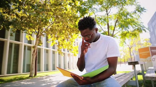 African American Smart Student Reading a Book Sitting at University Campus Outdoors Handsome