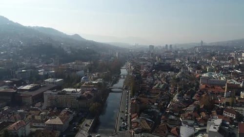 Aerial Footage of Sarajevo and National Library the Shot is Flying Over Vijecnica Library with a