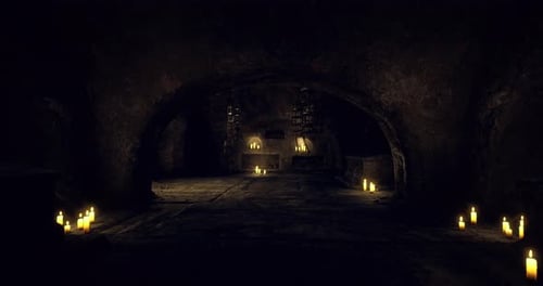 Dark Dungeon Cave with Flickering Candles and Cages Motion Background