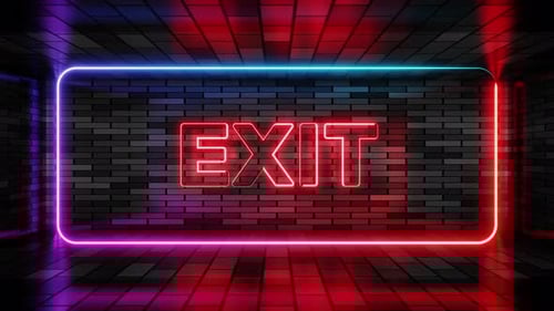 Neon Exit Sign Animation with Glitch Effect on Brick Wall