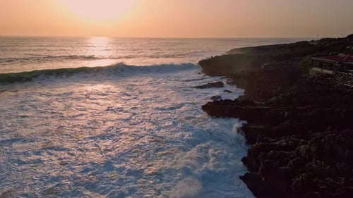 White Waves Crashing Rocks Sunny Morning Aerial Sunrise Horizon Over Ocean Bay