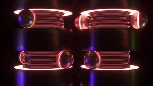 Estruturas metálicas iluminadas com orbes vibrantes em uma sequência de animação 3D sombria