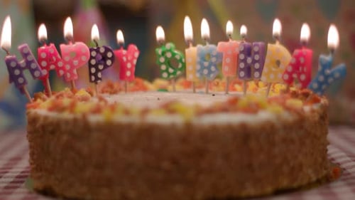 'Happy Birthday' Letters Candle on Cake Close Up