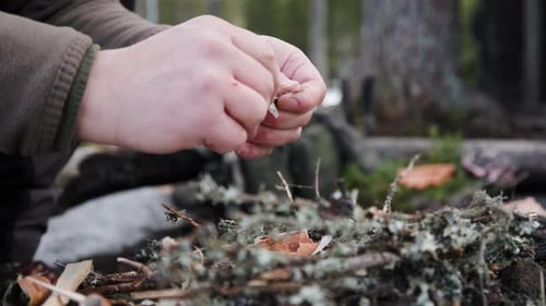 Hands Preparing Kindling to Start a Fire