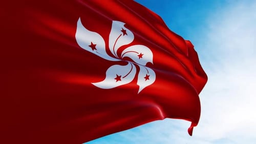 Realistic Hong Kong Flag Waving Against Blue Sky