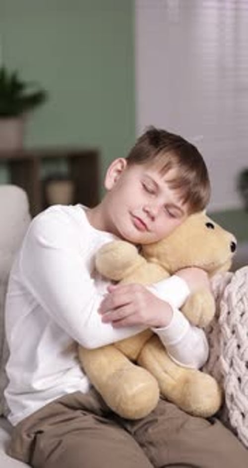 Little boy with his teddy bear on sofa at home