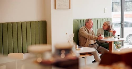 Happy, breakfast and elderly couple at coffee shop for bonding, conversation and relax together