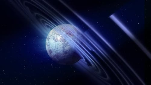 Abstrakter blauer Weltraumplanet mit einem runden Asteroidengürtelring, futuristischer Hightech im Hintergrund