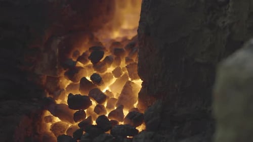 Closeup Of Flames And Hot Coals In A Iron Forging Workshop