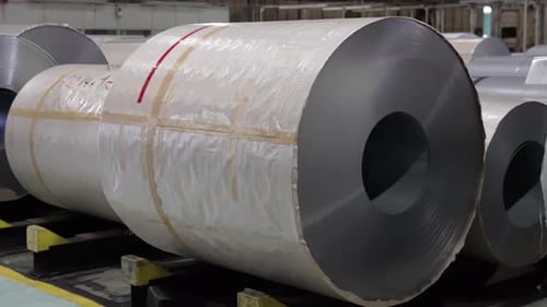 Many Large Cylinders Of Metal On Production Line Of Steel Plant.