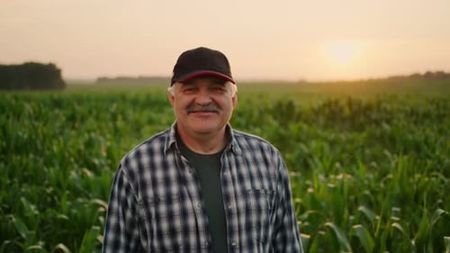 Joyful Aged Farmer Standing Alone In Green Cornfield In Summer And Smiling To Camera Portrait