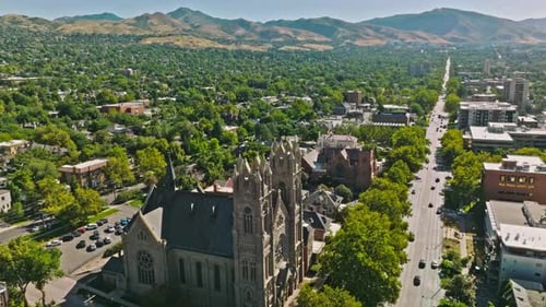 Beautiful Aerial and Establishment Shot of The Cathedral of the Madeleine