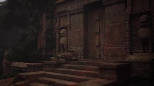 Old Carved Guardian Among Overgrown Steps and Mossy Surroundings