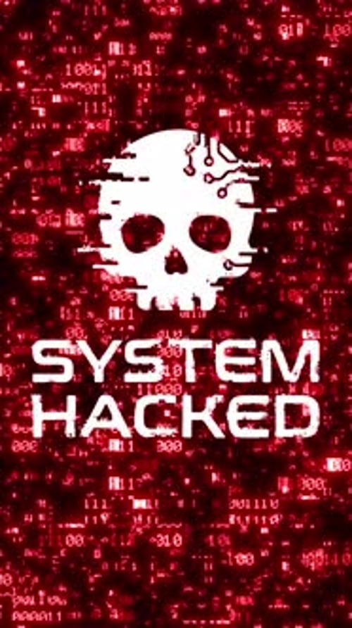 System Hacked Warning Glitch Animation with Digital Skull