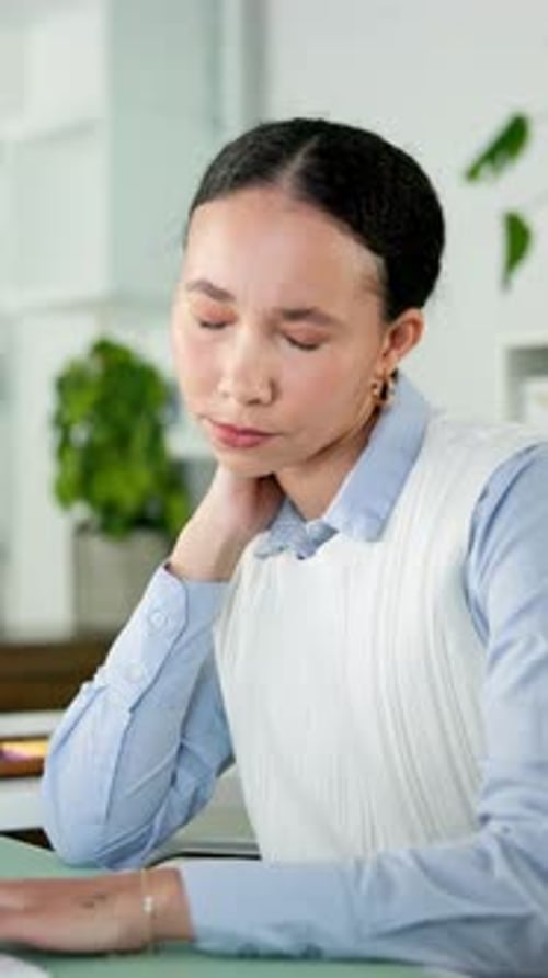 Business, neck pain and woman in office, stress and creative agency with muscle tension