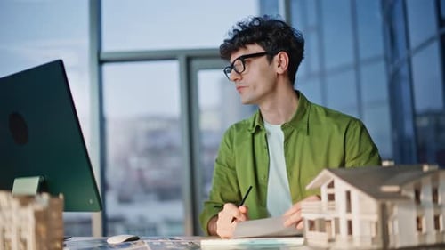 Project Manager Planning Building Design at Construction Company Office Closeup