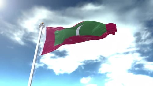Maldives National Flag Waving Animation Against Blue Sky