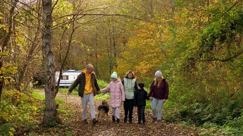 A Family with Three Children and a Big Dog are Walking in the Autumn Forest
